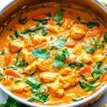 Top view of creamy chicken curry with spinach and carrots in a silver pan, surrounded by naan and cilantro.