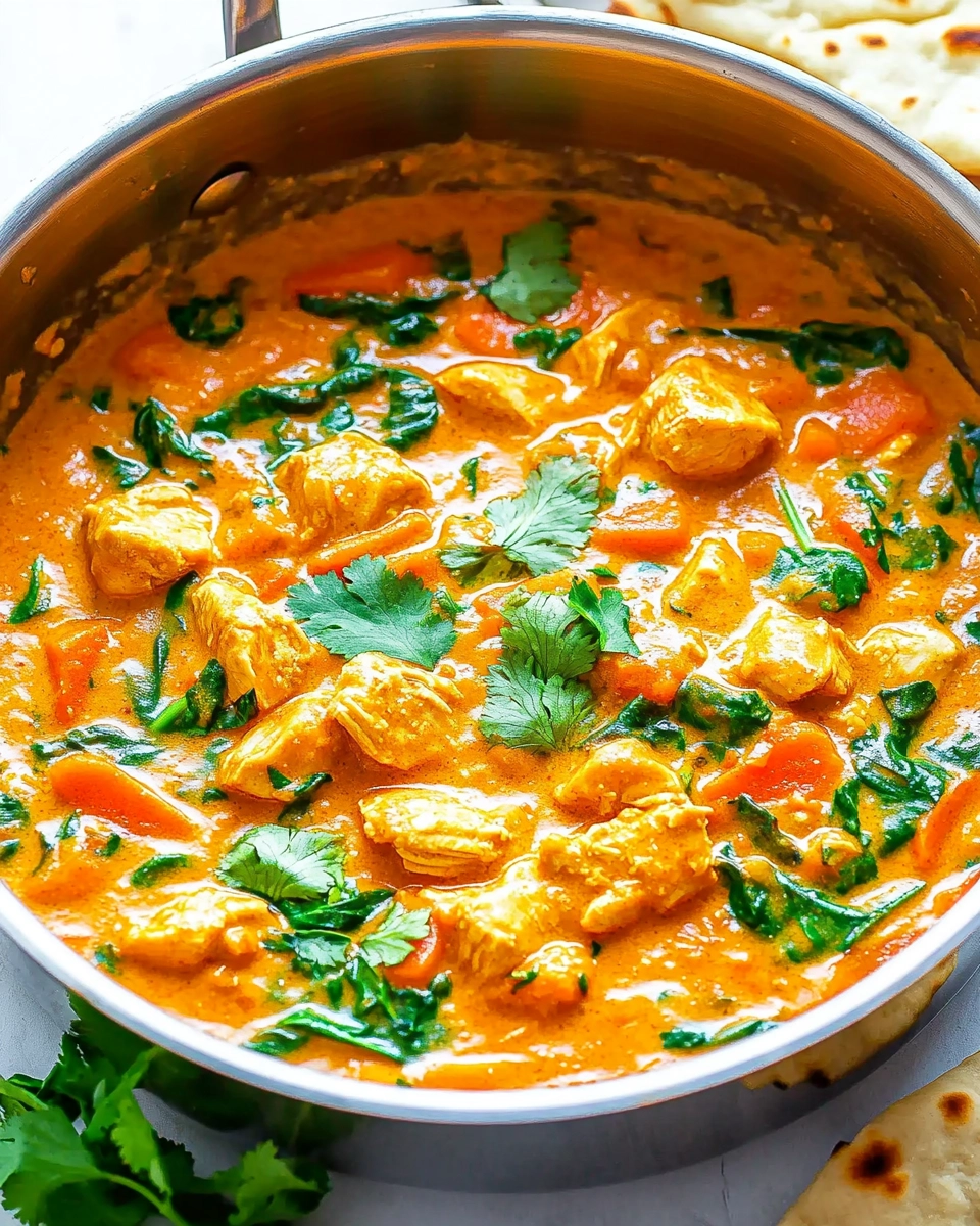 Top view of creamy chicken curry with spinach and carrots in a silver pan, surrounded by naan and cilantro.