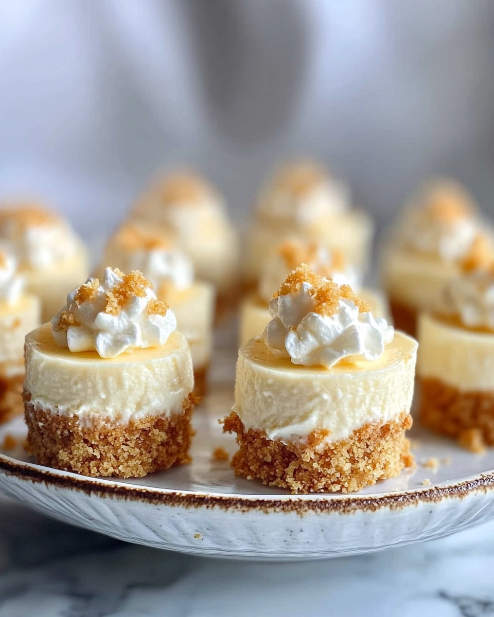 Mini vanilla cheesecakes with graham cracker crust and whipped cream topping displayed on a ceramic cake stand.