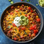 Cheesy ground beef taco skillet topped with guacamole, sour cream, and fresh veggies in a cast iron pan