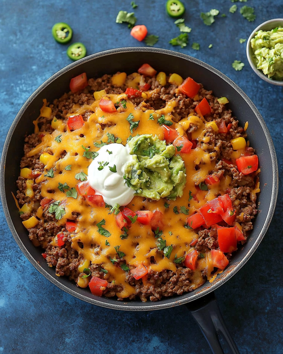 Cheesy ground beef taco skillet topped with guacamole, sour cream, and fresh veggies in a cast iron pan