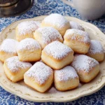 Plate of soft, golden beignets dusted with powdered sugar on a blue patterned tablecloth