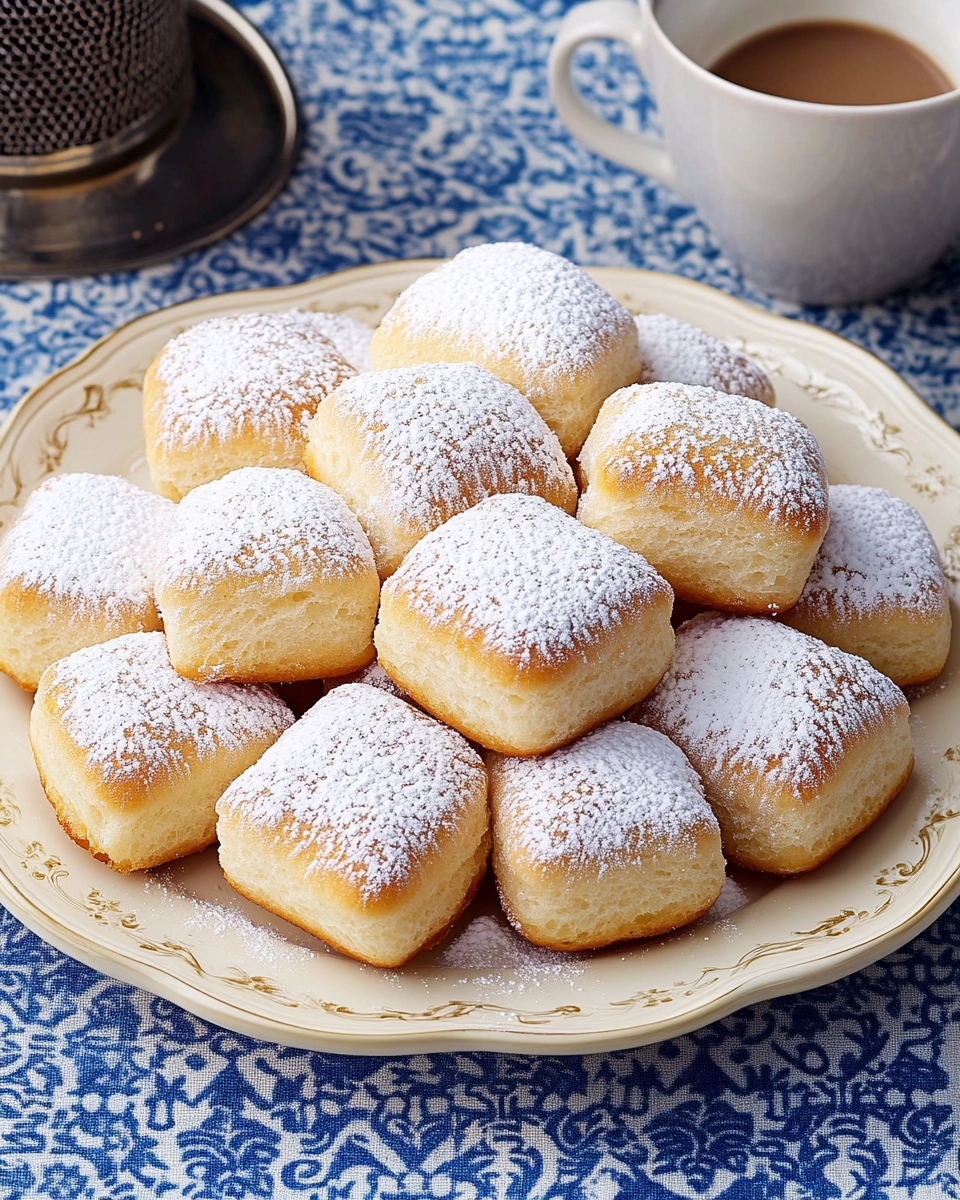 Plate of soft, golden beignets dusted with powdered sugar on a blue patterned tablecloth