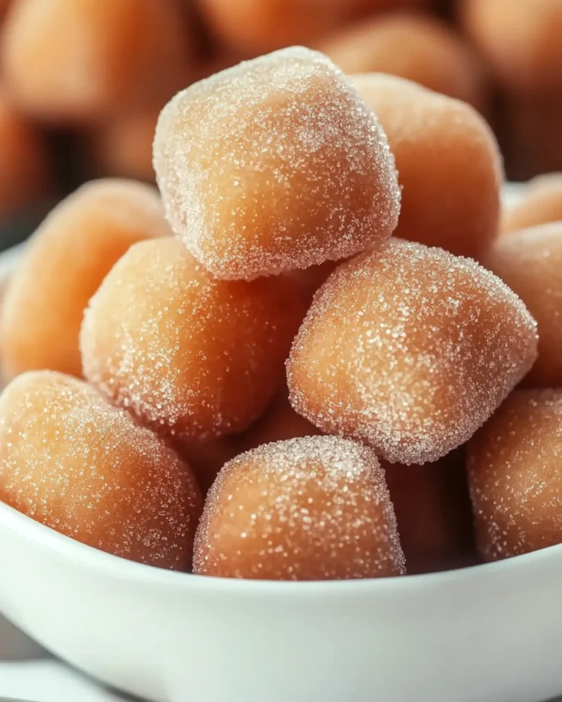 Golden sugar-coated dough balls piled in a white bowl, showcasing their crispy texture, perfect for dipping in chocolate sauce.
