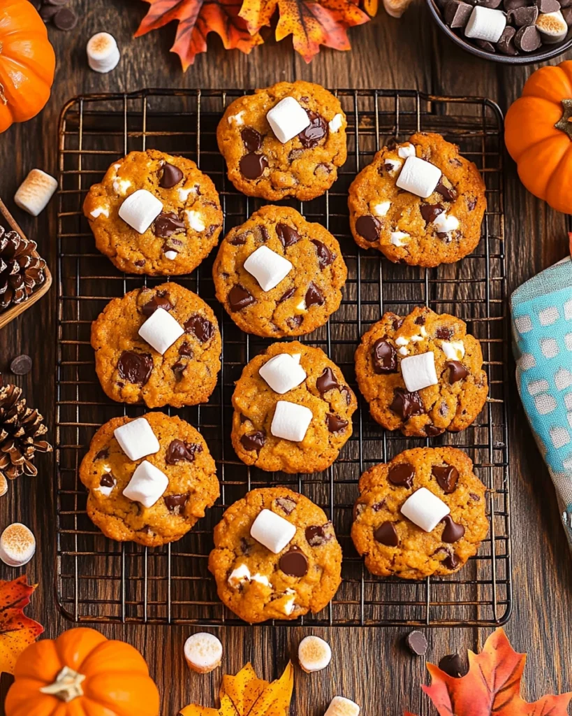 Overhead view of pumpkin s’mores cookies on cooling rack with mini marshmallows behind, chocolate chips and graham cracker chunks visible.