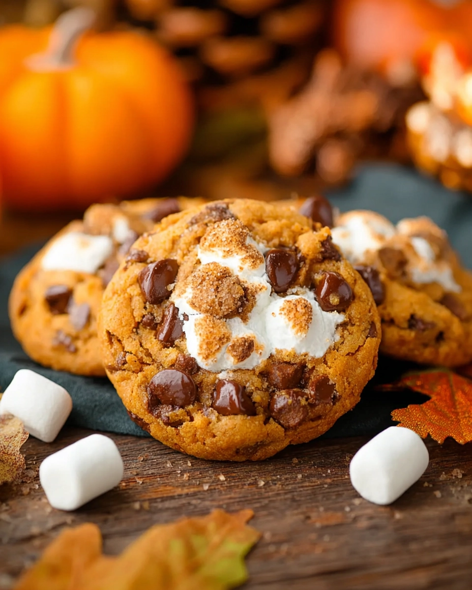 Close-up of gooey pumpkin s’mores cookies with chocolate chips, marshmallows, and graham crackers on a rustic fall table.
