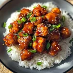 Crispy General Tso’s chicken with red chilies and scallions served over white rice in a black bowl.