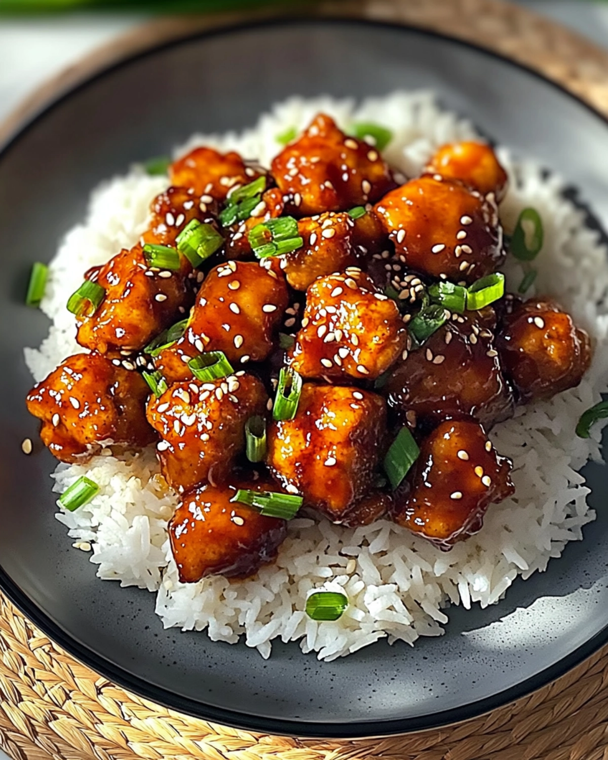 Crispy General Tso’s chicken with red chilies and scallions served over white rice in a black bowl.