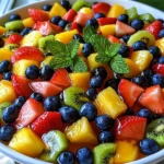 Bowl of fresh tropical fruit salad with watermelon, pineapple, kiwi, strawberries, blueberries, and mint.