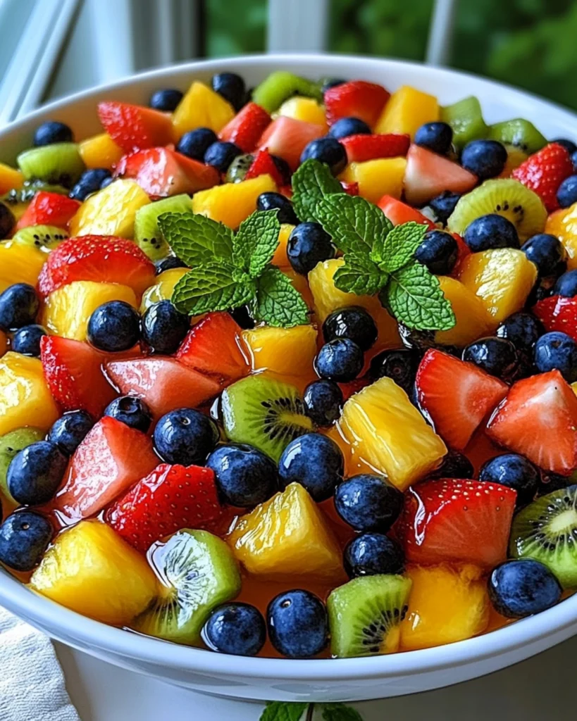 Bowl of fresh tropical fruit salad with watermelon, pineapple, kiwi, strawberries, blueberries, and mint.