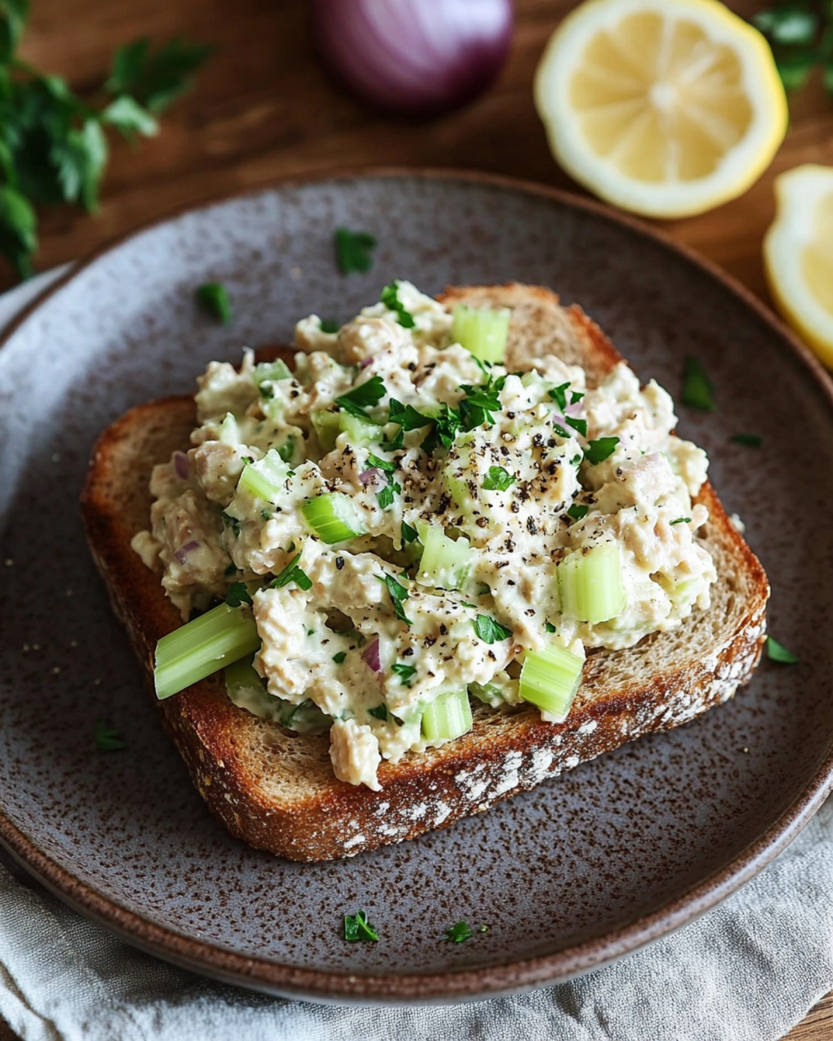 Open-faced tuna salad sandwich with celery, green onions, and herbs on multigrain toast.