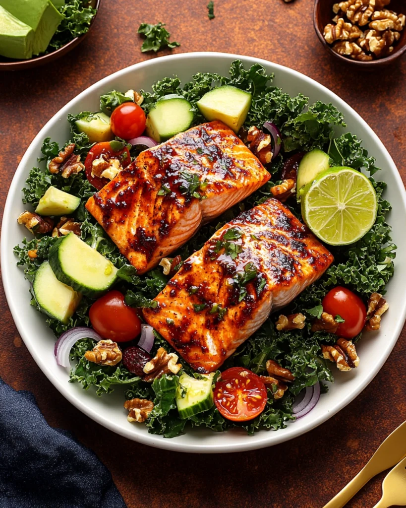 Honey glazed salmon salad with kale, avocado, walnuts, and creamy dressing.