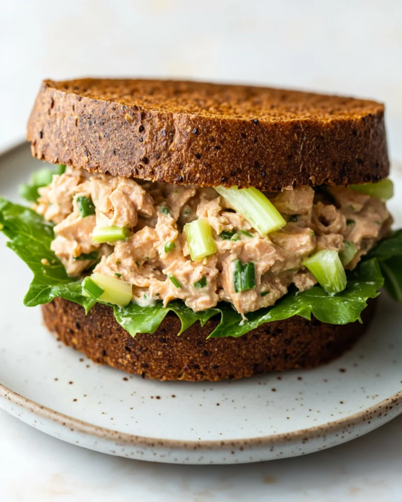Close-up of a tuna salad sandwich with leafy green lettuce on dark rye bread served on a white plate.