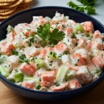 Creamy imitation crab salad in a blue bowl with sesame crackers on a wooden table