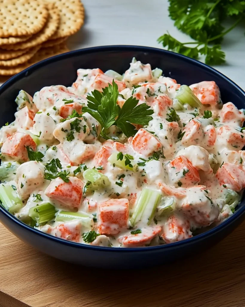 Creamy imitation crab salad in a blue bowl with sesame crackers on a wooden table
