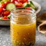 Homemade Italian vinaigrette in a mason jar with fresh tomato cucumber salad in the background.