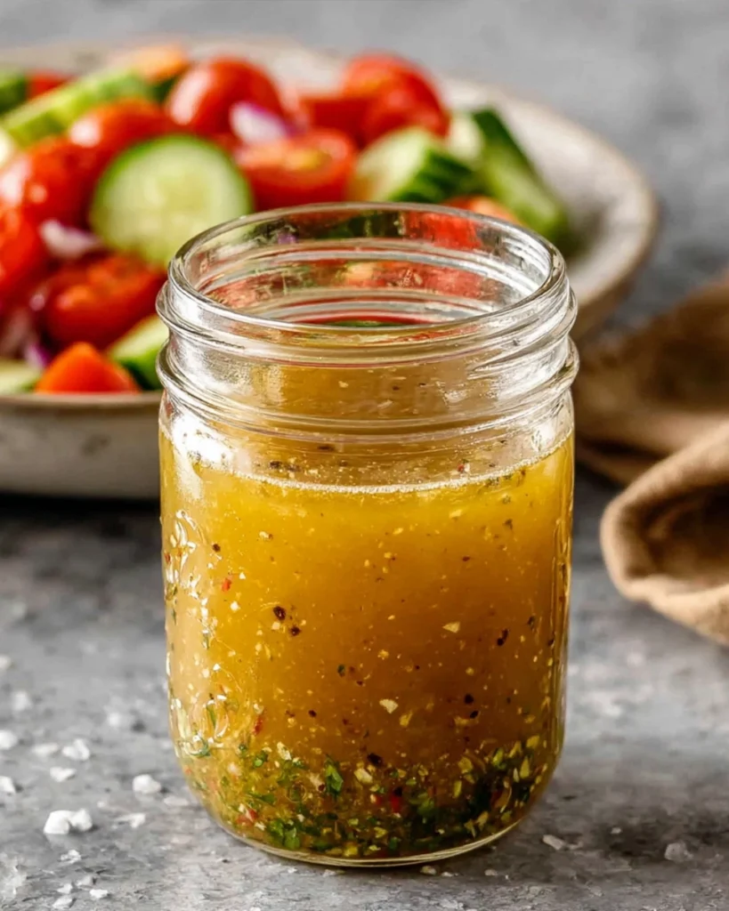 Homemade Italian vinaigrette in a mason jar with fresh tomato cucumber salad in the background.