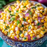 Creamy corn salad with red onions and peppers in a blue bowl