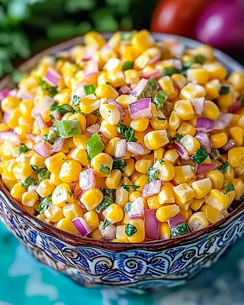 Creamy corn salad with red onions and peppers in a blue bowl