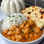 Bowl of creamy butter chicken with basmati rice and naan bread on a light background.