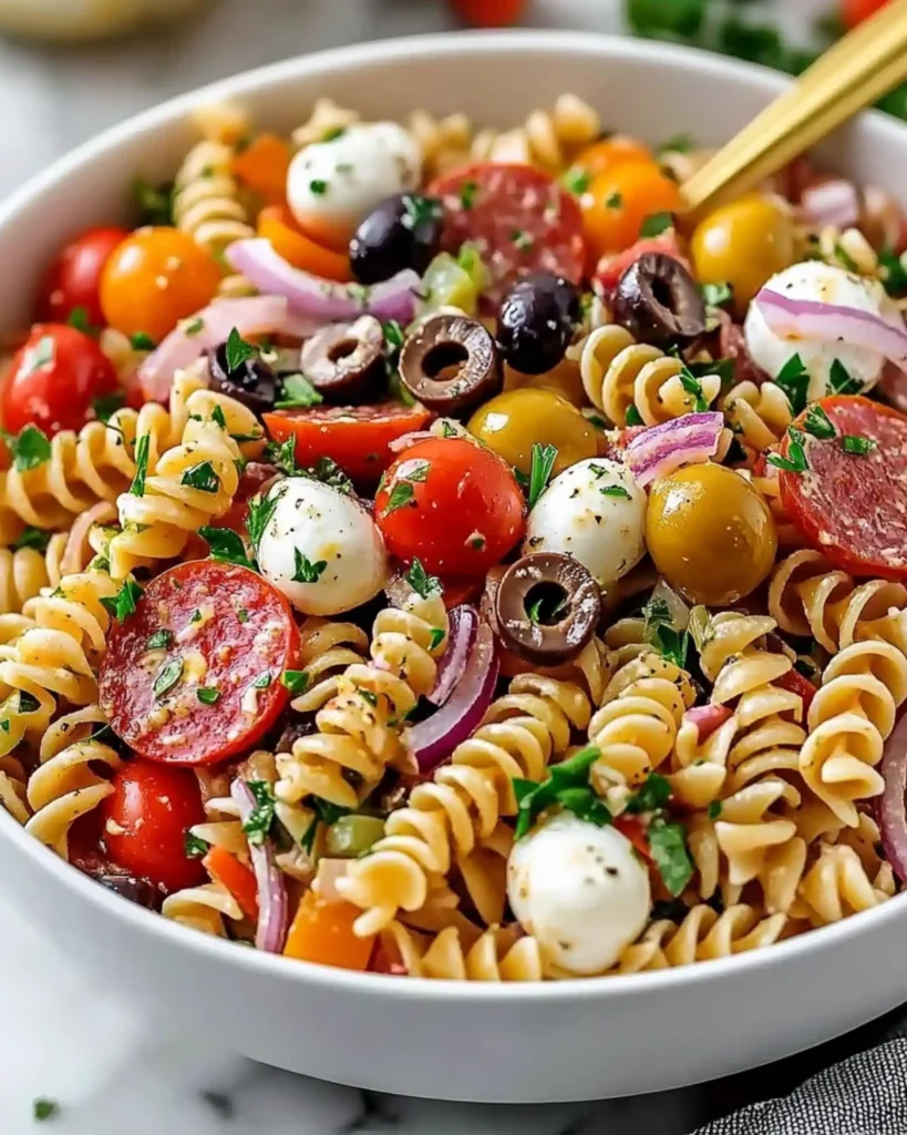 Colorful Italian pasta salad with rotini, salami, mozzarella, cherry tomatoes, olives, and herbs in a white bowl.