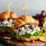 Chicken salad croissant sandwich with grapes, pecans, and lettuce on a wooden board.