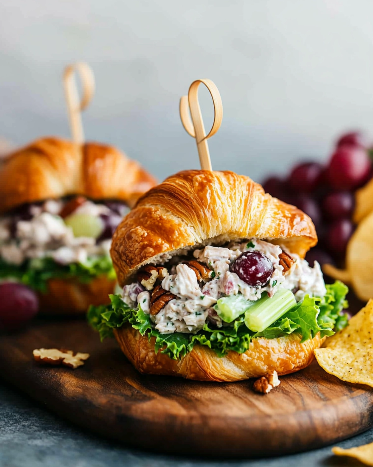 Chicken salad croissant sandwich with grapes, pecans, and lettuce on a wooden board.