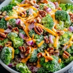 Close-up of creamy broccoli salad with cheese, bacon, red onion, and pecans in a white bowl