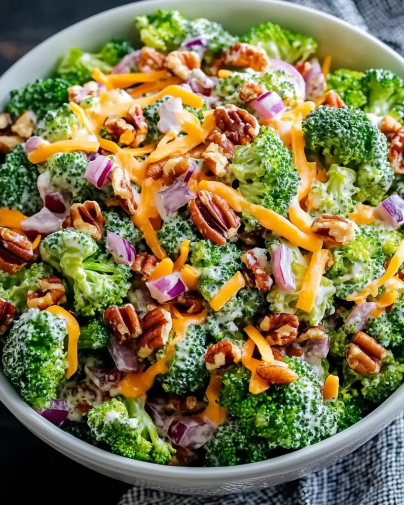 Close-up of creamy broccoli salad with cheese, bacon, red onion, and pecans in a white bowl