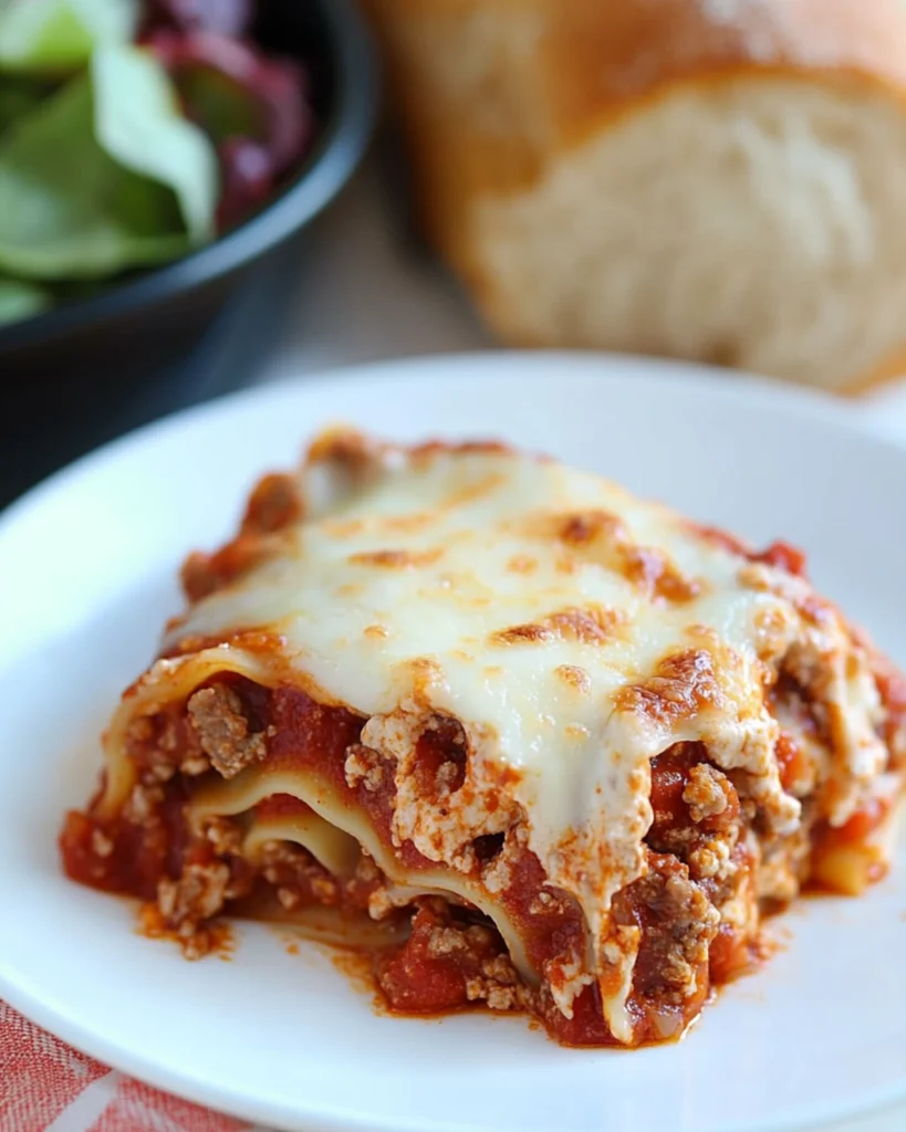 Vertical view of cheesy crock pot lasagna slice with beef sauce, served on a white plate with salad and bread in the background.