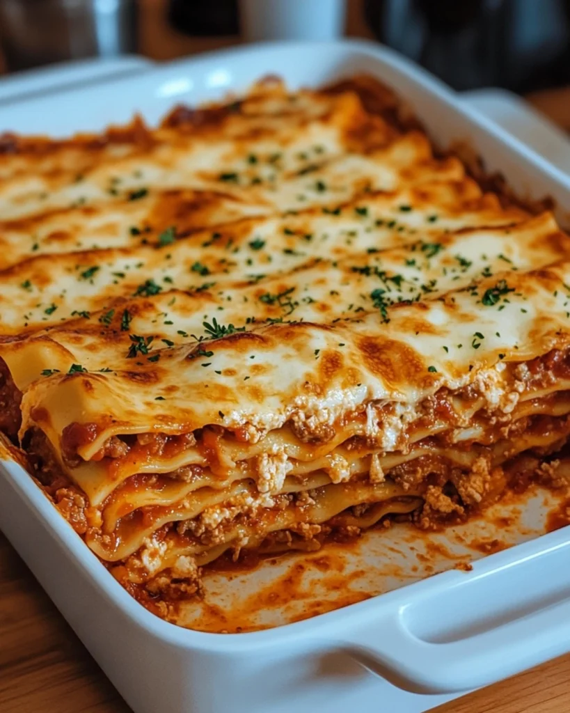 Freshly baked lasagna in a white pan with one slice removed, revealing layers of meat, cheese, and pasta topped with golden mozzarella.