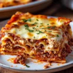 Mouthwatering slice of homemade beef lasagna with layers of cheese, meat sauce, and fresh basil on a rustic plate.