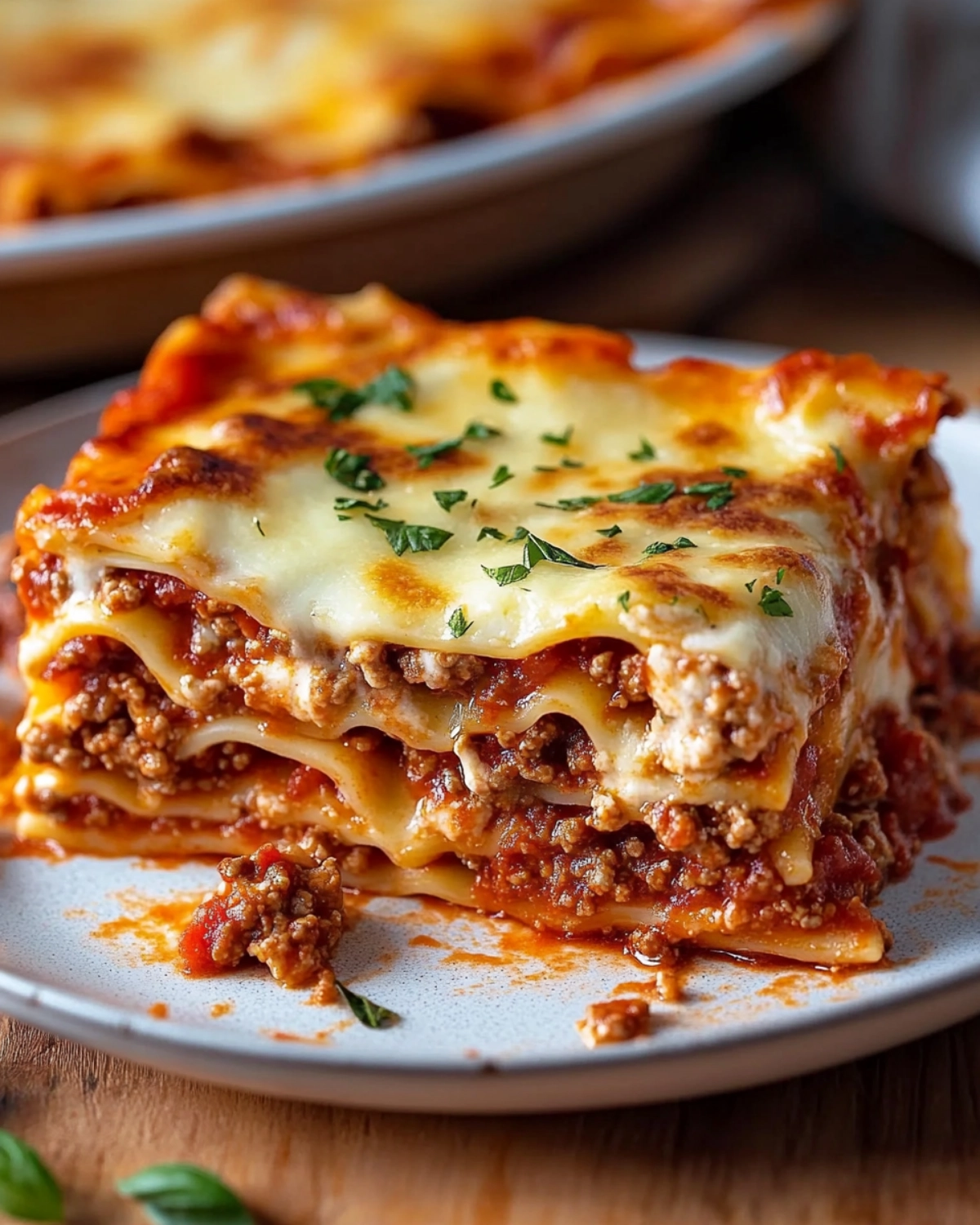 Mouthwatering slice of homemade beef lasagna with layers of cheese, meat sauce, and fresh basil on a rustic plate.