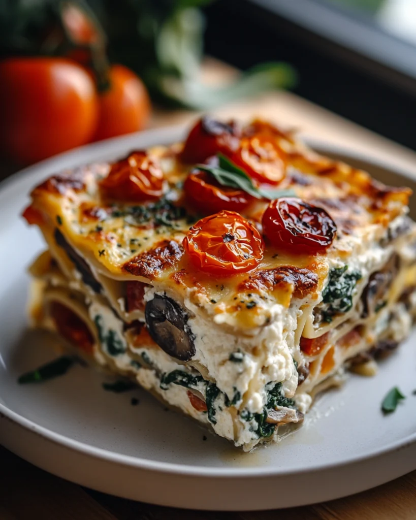 Creamy vegetarian white lasagna slice with mushrooms, spinach, roasted peppers, and cherry tomatoes.