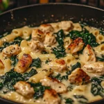 Creamy garlic parmesan chicken pasta with rigatoni and spinach in a skillet.