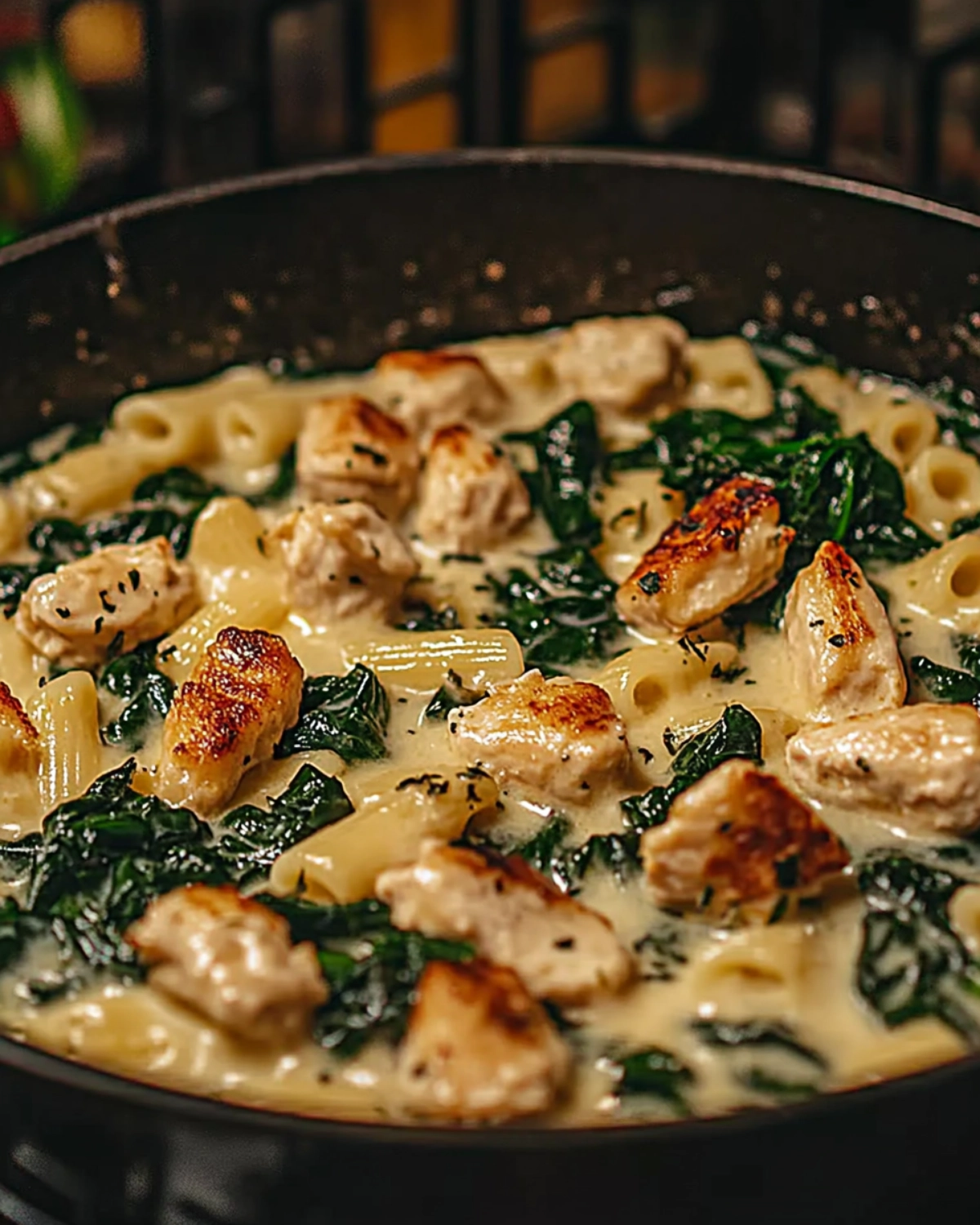 Creamy garlic parmesan chicken pasta with rigatoni and spinach in a skillet.