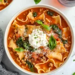 Bowl of lasagna soup with ricotta, basil, and parmesan, served on a marble background with red wine and a kitchen towel.