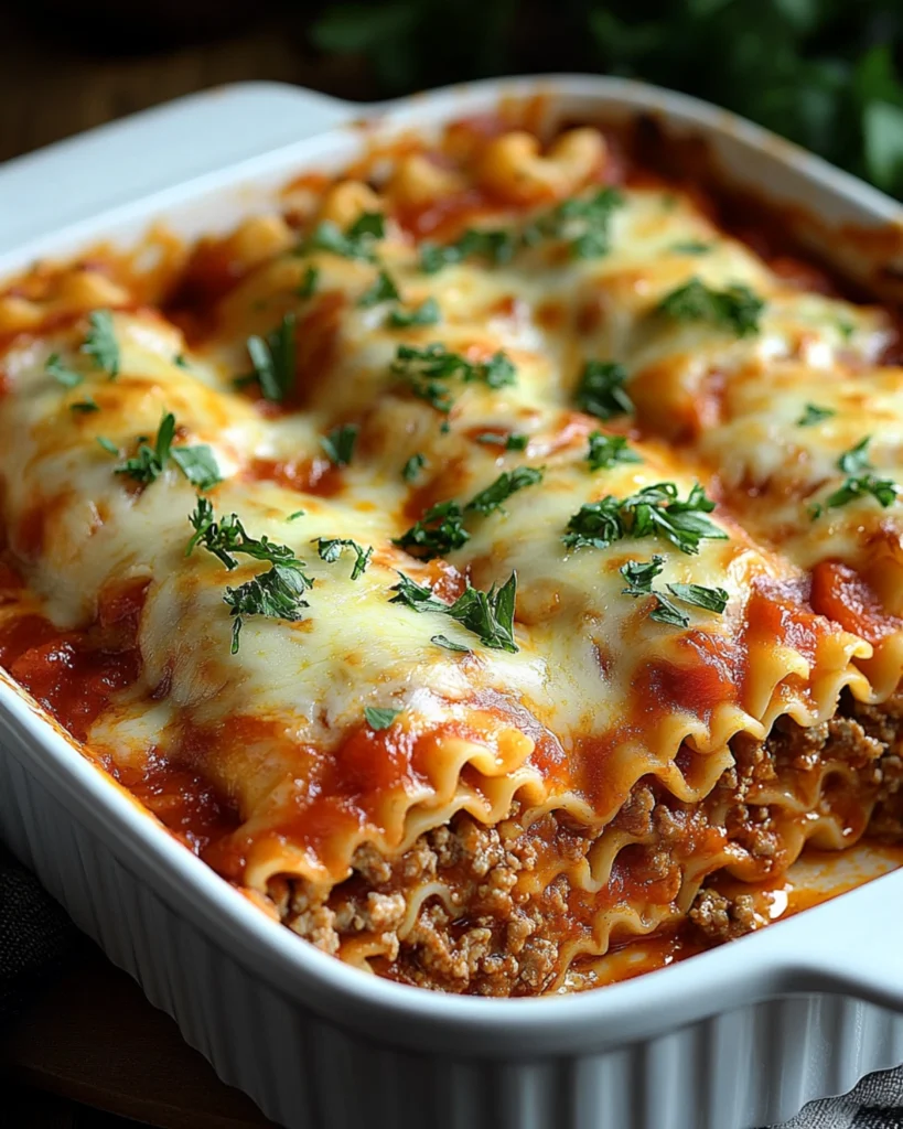 Close-up of cheesy baked lasagna roll-ups with ground beef, tomato sauce, and parsley in a white casserole dish