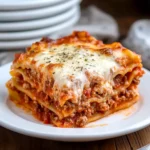 Close-up image of a slice of cheesy beef lasagna served on a white plate with rustic background