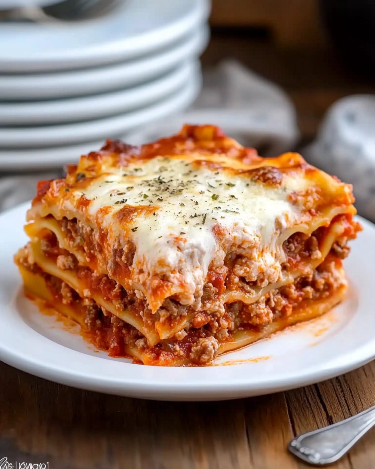 Close-up image of a slice of cheesy beef lasagna served on a white plate with rustic background