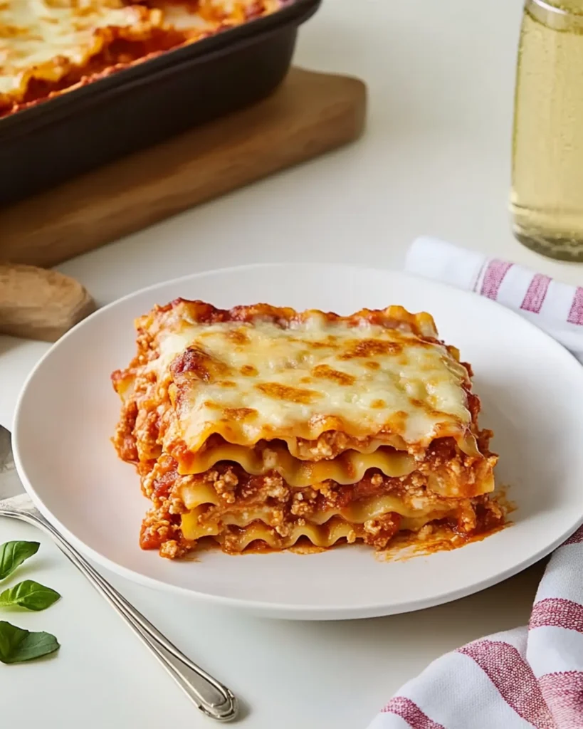 Single serving of homemade lasagna on a white plate with cheese and tomato sauce