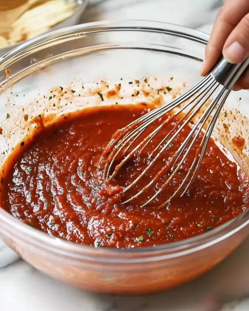 Hand whisking homemade pizza sauce in a glass bowl with herbs and spices