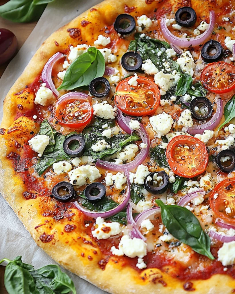 Close-up of Mediterranean pizza topped with feta, olives, tomatoes, spinach, and red onions