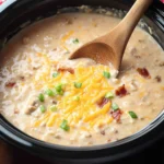 Slow cooker loaded baked potato soup with cheese, bacon, and green onions in a crockpot