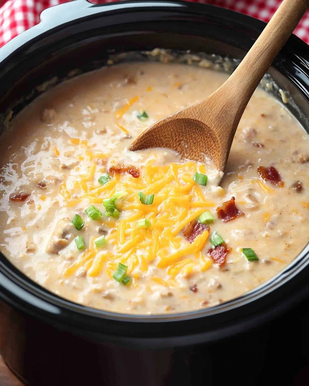 Slow cooker loaded baked potato soup with cheese, bacon, and green onions in a crockpot