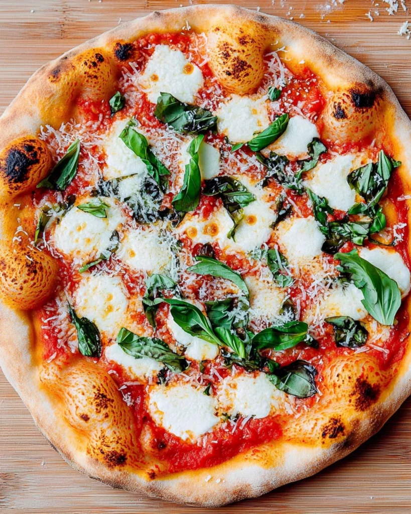 Freshly baked Margherita pizza topped with mozzarella, tomato sauce, and basil on a wooden surface