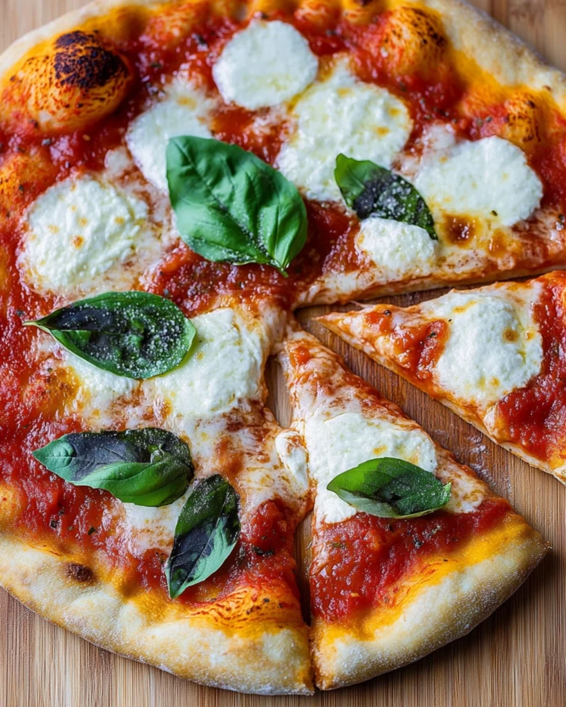 Freshly baked Margherita pizza with bubbling mozzarella, tomato sauce, and fresh basil on a wooden board
