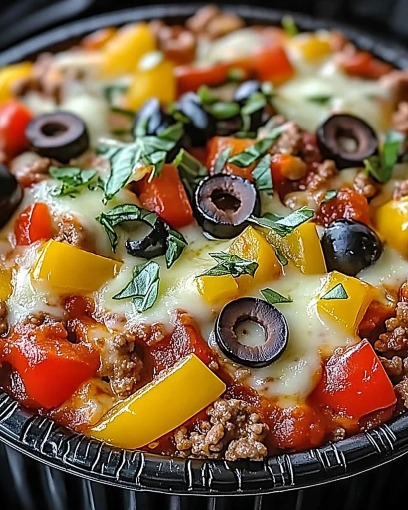Crustless pizza bowl with mozzarella cheese, ground beef, bell peppers, olives, and basil