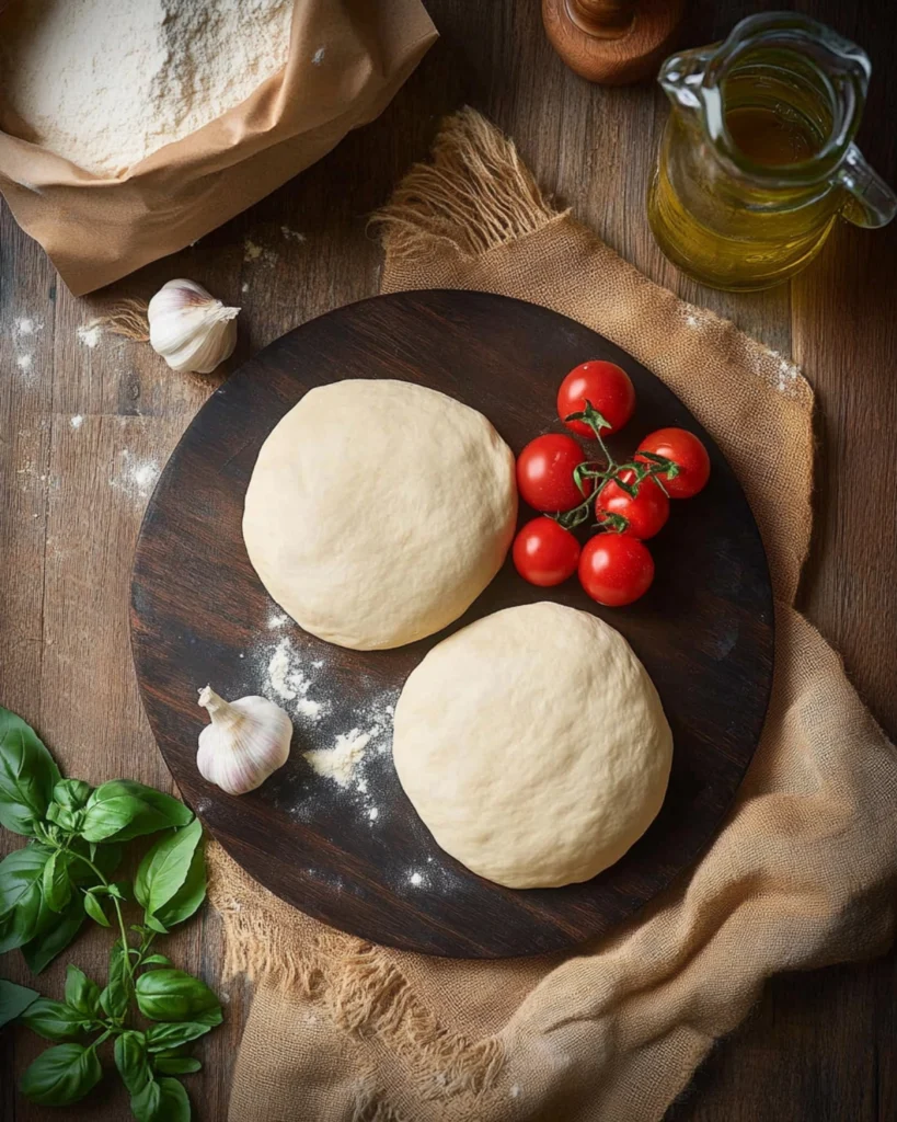 Overhead view of fresh pizza dough balls on a rustic pizza board with garlic, tomatoes, basil, and olive oil.