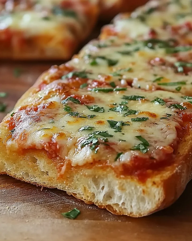 Close-up of a cheesy French bread pizza slice with herbs on a wooden board.